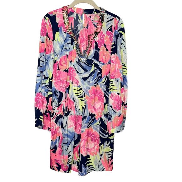 Lilly Pulitzer Ariele Romper High Tide Medium Beaded Long Sleeve Floral - Picture 1 of 11